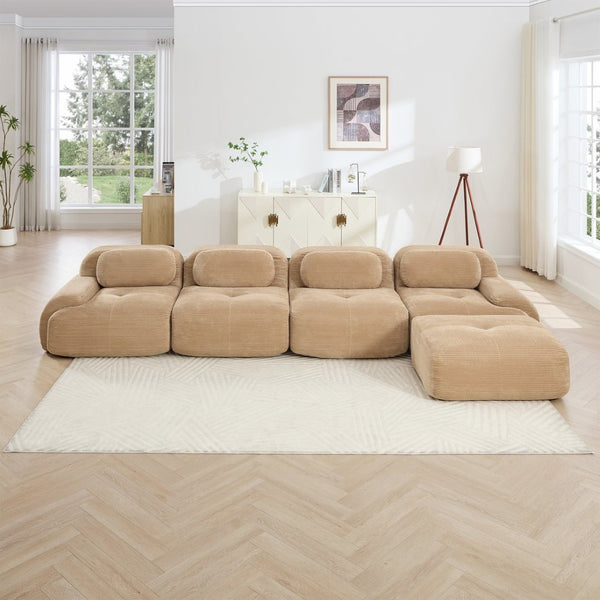 English Elm 4-seat Modular Corduroy Sectional Sofa with Curved Armrests for Living Rooms Camel W714S01244