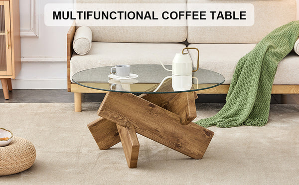 English Elm Circular glass coffee table 33.4" Modern round tempered glass top with wood MDF legs, 130 lb capacity, easy assembly W1151P143350