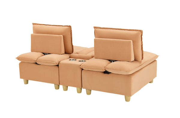 English Elm 74-inch flannel sofa with cup holders, storage compartment, adjustable backrest and solid wood frame Light Brown W1658S00127