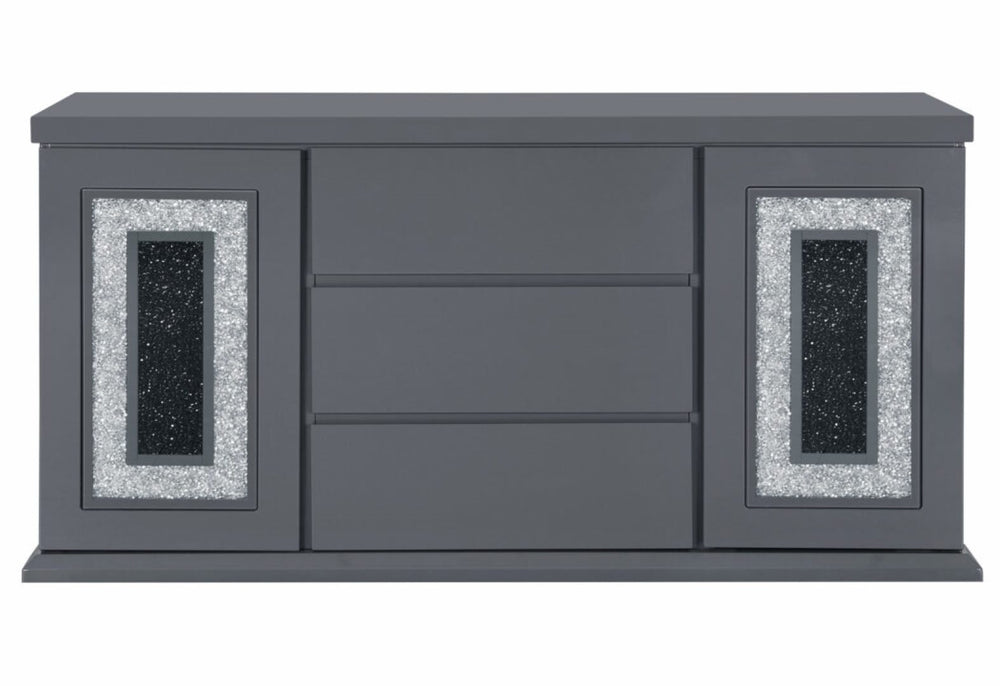 English Elm ARIYA Dark Grey Buffet – Contemporary Solid Wood & MDF Sideboard with High-Gloss Finish, Glass Inlay B201P305132