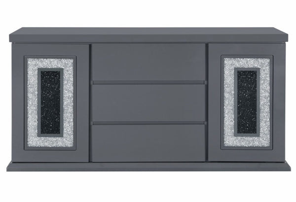 English Elm ARIYA Dark Grey Buffet – Contemporary Solid Wood & MDF Sideboard with High-Gloss Finish, Glass Inlay B201P305132