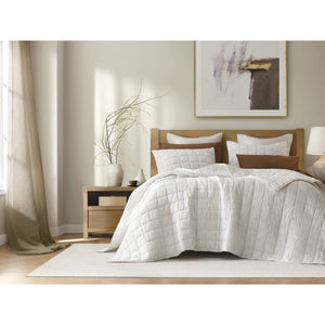 English Elm 3-piece French Linen Quilt Set Garment Washed Breathable Box Stitched Bedding White B035P408295