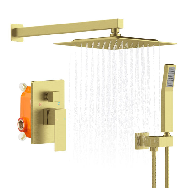 English Elm Shower System Wall-Mounted Faucet Combo With 12" Rainfall Head & Handheld Sprayer, Brushed Gold T3177P269151-GIGA