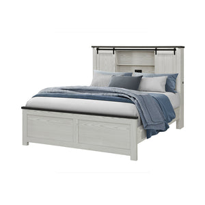 English Elm Avery Solid Wood Bed with Bookcase Headboard and Black Bar Accent, Low Profile Sturdy Frame Queen Beige B201S00402