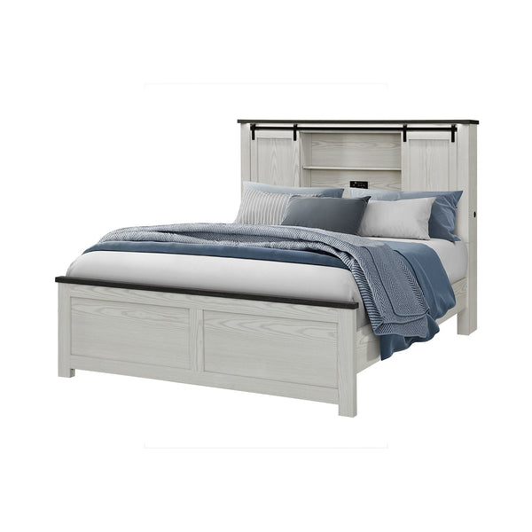 English Elm Avery Solid Wood Bed with Bookcase Headboard and Black Bar Accent, Low Profile Sturdy Frame Queen Beige B201S00402