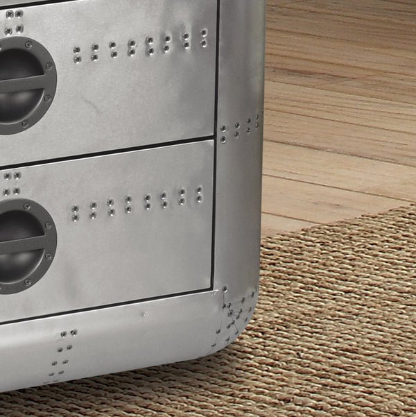 English Elm Aluminum Trunk-Shaped 2-Drawer End Table with Patchwork Frame, Durable Storage Accent for Living Rooms B062P209061