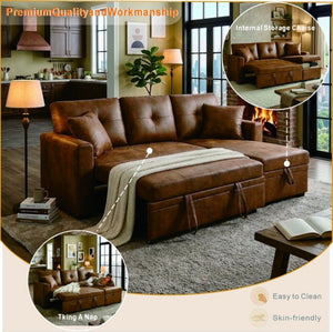 English Elm Sleeper Sectional with Pull Out Bed Storage Chaise Tufted Breathable Fabric Sofa W5568S00044