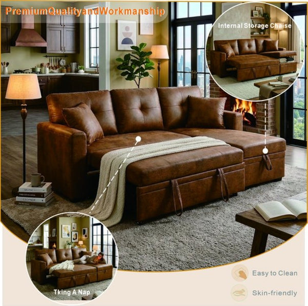 English Elm Sleeper Sectional with Pull Out Bed Storage Chaise Tufted Breathable Fabric Sofa W5568S00044