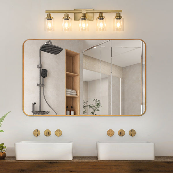 English Elm 31" Golden 5-Light Vanity Light with Clear Glass Shades – Modern Iron Wall Fixture for Bathroom Vanity Mirror Lighting, Hard-Wired (No Bulbs) W1340P206690