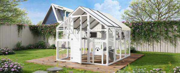 English Elm Large Walk-in Pine Wood Catio Enclosure with Platforms Resting Boxes and Planter Grey,White N704G201618K