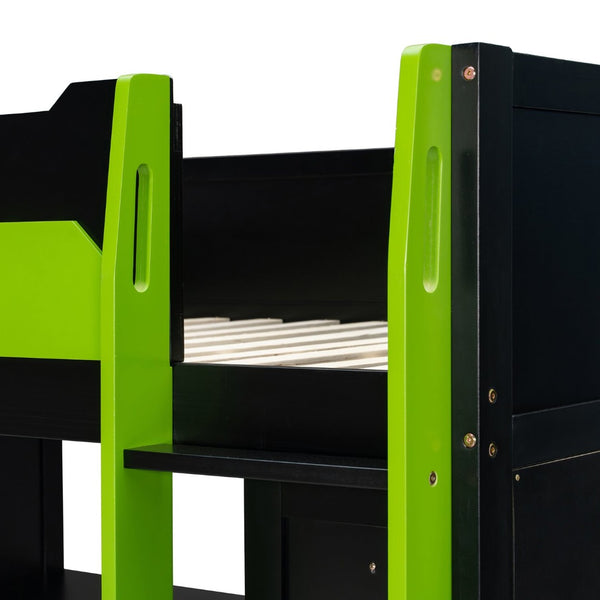 English Elm Full Size Loft Bed with Rgb Lighting Usb Charging Desk Wardrobe and Storage Shelves Green LT000387AAF