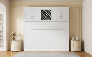 English Elm Queen Murphy Wall Bed with Storage Cabinets and Wine Rack for Small Space Living White LP000879AAK-1