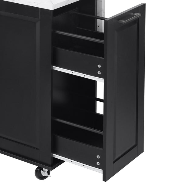 English Elm K&K Vintage Convex Kitchen Island Cart with Faux Marble Top, Tilt Trash, Pull-Out Organizer, Wheels Black N707P299008B