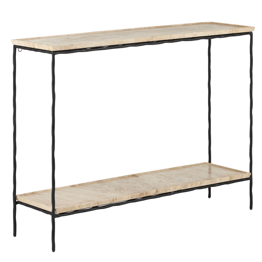 Boyles Modern Travertine Console Table with Unique Textured Tray Top and Durable Iron Base