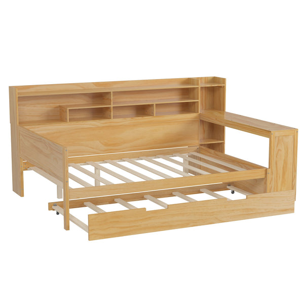 English Elm Wooden Full Size Daybed with Trundle and Built-In Desk, Side Storage Shelves for Space-Saving Rooms Natural 70 L x 18.6 W x 5.5 H N733S242277M