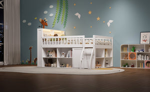 English Elm Full Size Kids Loft Bed with Led Headboard Open Shelving and Natural Wood Frame White N7090005024K