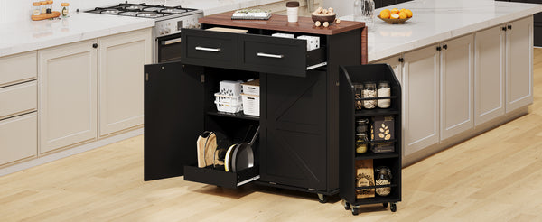 English Elm K&K 47.2" Farmhouse Kitchen Island with Drop Leaf, Removable Side Shelf, Trash Cabinet, Wheels Black N707P307296B