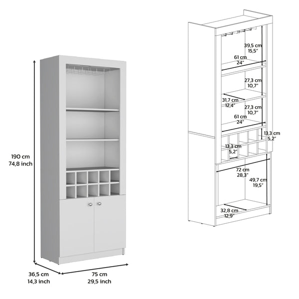 English Elm Cabinet White 4-Tier Wine & Liquor Storage with Stemware Rack, 15-Bottle Racks, 10 Cubbies, 74.8" B097P221379