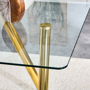 English Elm 71-inch Tempered Glass Dining Table Electroplated Metal Base Open Airy Modern Style Gold W3875S00006