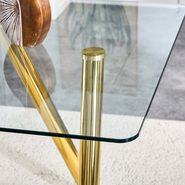English Elm 71-inch Tempered Glass Dining Table Electroplated Metal Base Open Airy Modern Style Gold W3875S00006