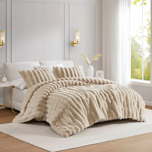 English Elm 3 Cozy King Ultrasoft Faux Fur Ribbed Comforter Set with Velvet Reverse & Plush Down-Alternative Fill taupe 19.7 L x 14.97 W x 14.97 H B035P320226