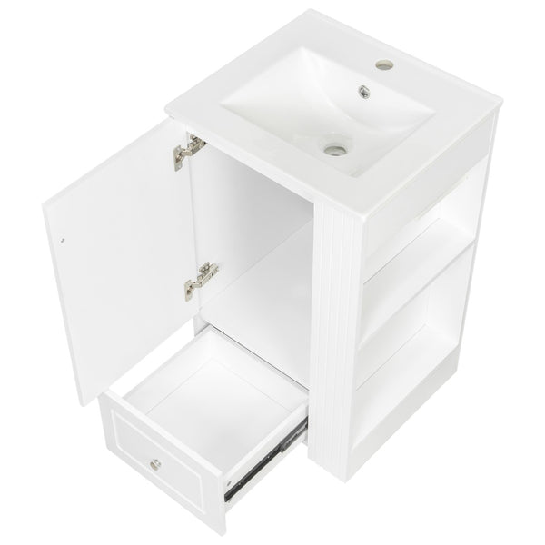 English Elm 20" Freestanding Bathroom Vanity Mdf Cabinet Ceramic Sink Open Shelves Powder Room White N725P364210K