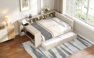 English Elm Wood Twin Platform Bed Linen Headboard Storage Shelves Trundle Charging Station Cream N709P004024C