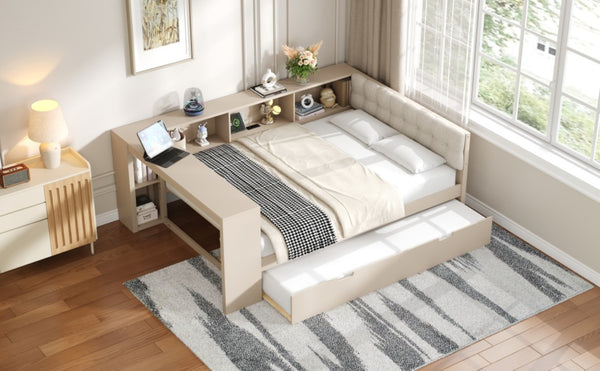 English Elm Wood Twin Platform Bed Linen Headboard Storage Shelves Trundle Charging Station Cream N709P004024C