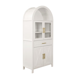 English Elm 71" Tall Arched Pantry Cabinet with Tempered Glass Door, Adjustable Shelves, Anti-Tip Kit & Metal Handles White W2917P384735