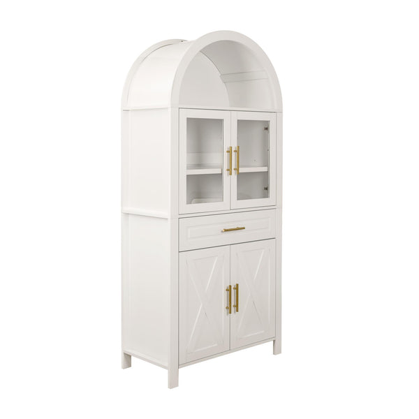 English Elm 71" Tall Arched Pantry Cabinet with Tempered Glass Door, Adjustable Shelves, Anti-Tip Kit & Metal Handles White W2917P384735