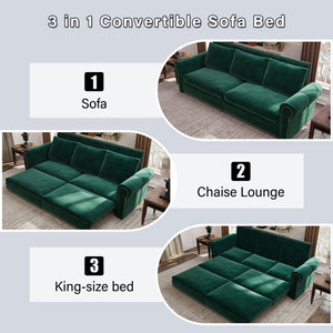English Elm Chesterfield Sofa, 93.7" Velvet 3-In-1 Convertible Sleeper Bed With Nailhead Trim & Pillows, Green W1885S00099