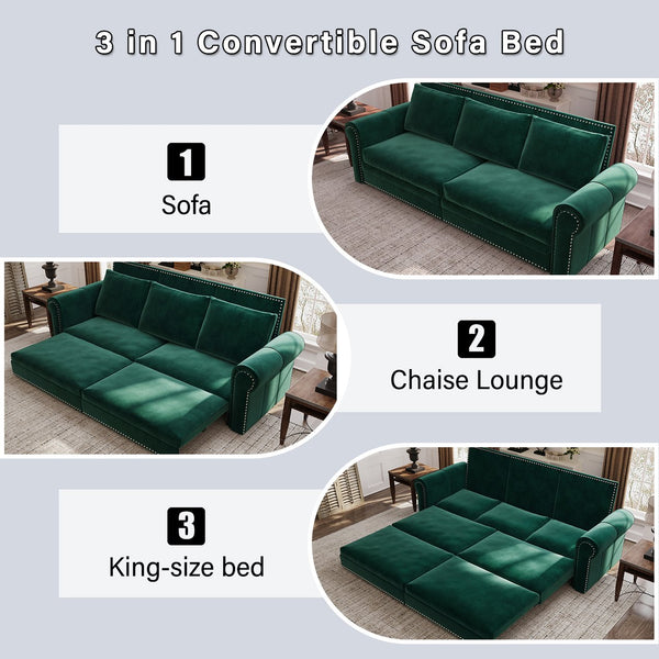 English Elm Chesterfield Sofa, 93.7" Velvet 3-In-1 Convertible Sleeper Bed With Nailhead Trim & Pillows, Green W1885S00099
