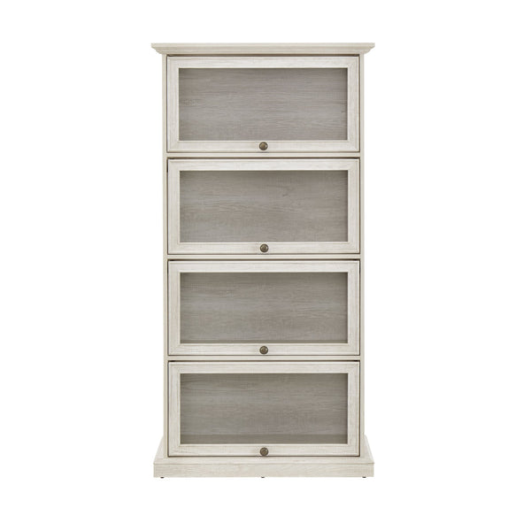 English Elm Glass 4-Tier Display Cabinet with Tempered Glass Doors, Flip-Up Access, Aluminum Frame, Elegant Chic Storage for Collectibles and Books Antique White W2275P206602
