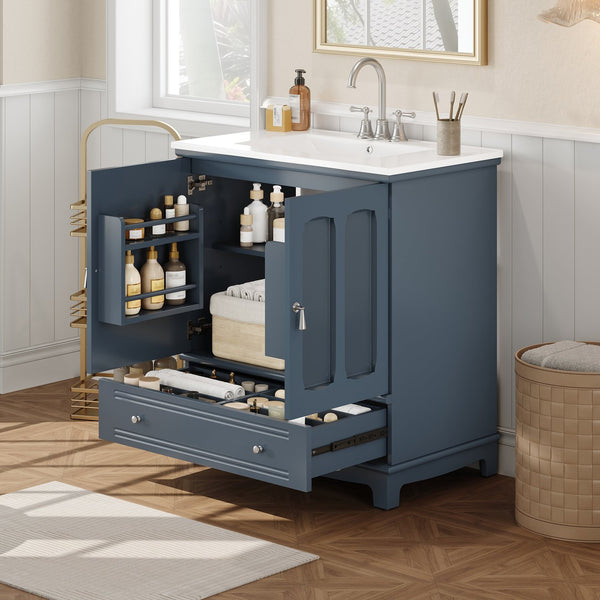 English Elm 30" Modern Bathroom Vanity with Ceramic Sink, Solid Wood Frame, Soft-Close Drawer & Adjustable Shelf Blue N710P293306C