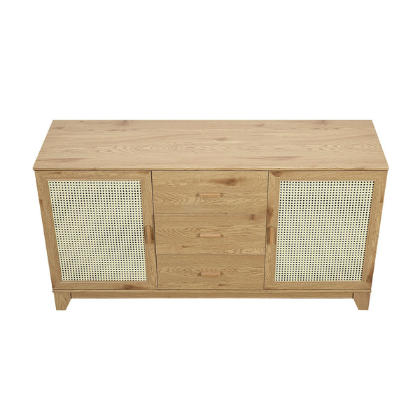 English Elm Sheridan 59" Sideboard in Natural with Cane Panels, 3 Drawers, 4 Compartments, TV Stand & Cable Management B365P397680