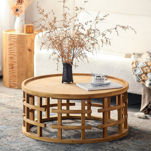 English Elm 31.5" Round Boho Coffee Table Natural Solid Wood 31.5" Top Open-Frame Geometric Base Rustic Chic W3306P318876