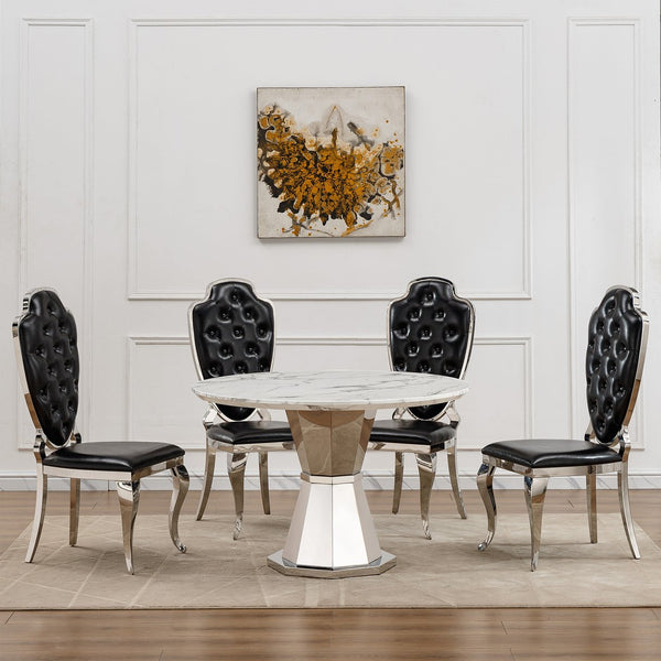 English Elm 47" Round Marble Dining Table | Modern High Gloss Faux Marble & Stainless Steel Base For Any Space W3456S00003