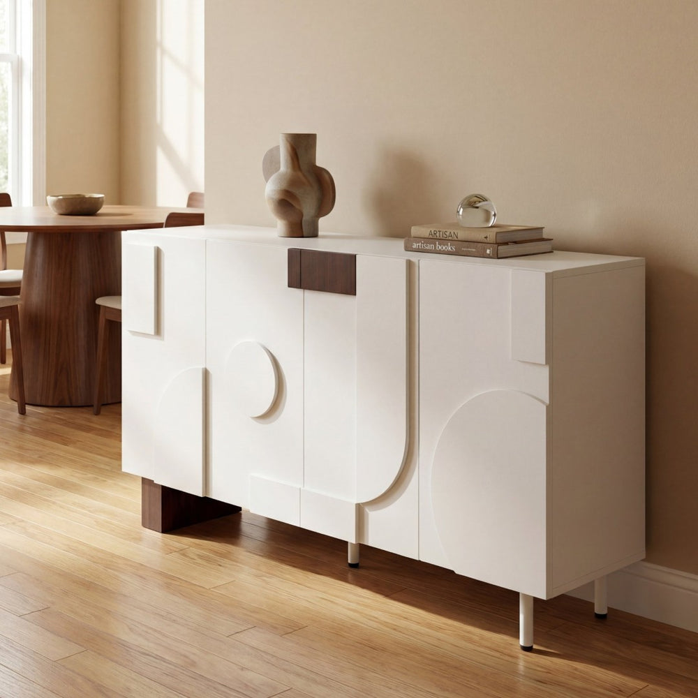 English Elm Modern White Walnut Sideboard with Geometric Doors Adjustable Shelves Dining Storage N779P373192W_N779P373193W