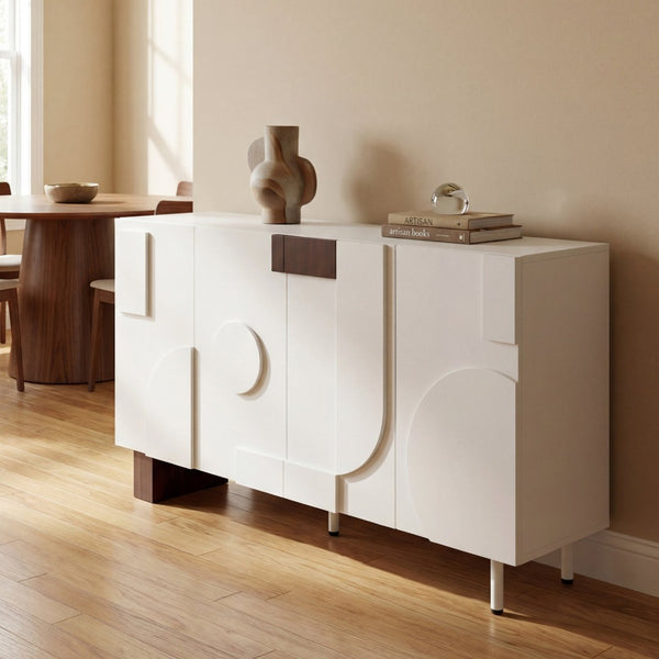 English Elm Modern White Walnut Sideboard with Geometric Doors Adjustable Shelves Dining Storage N779P373192W_N779P373193W