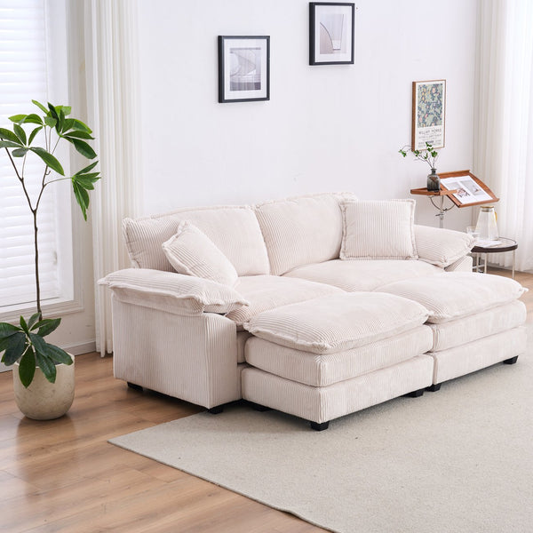 English Elm Corduroy Plush 2-Seat Sofa with 2 Back Cushions, Toss Pillows & Ottomans — Deep Seat Comfort White W2363S00062