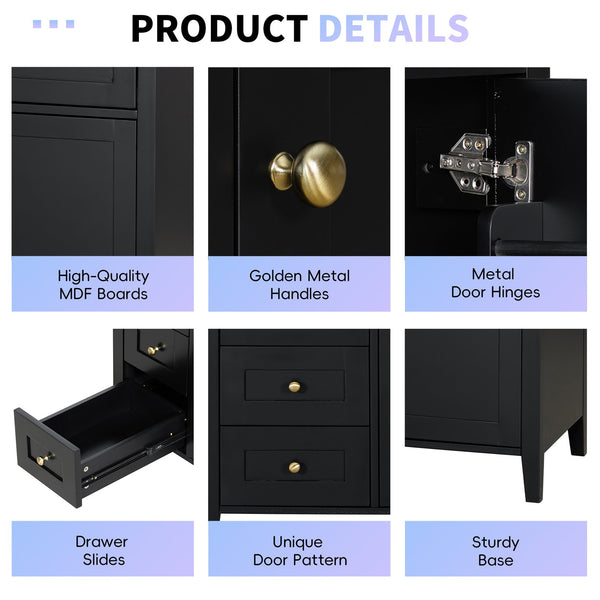 English Elm 36-Inch Black Bathroom Vanity With Sink – Modern Design, 3 Drawers, Adjustable Shelf For Storage N725P350821B