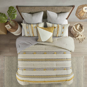 English Elm 3 INK+IVY Cody Cotton Comforter Set Full/Queen with Pom Pom Trim, OEKO-TEX Certified, Striped Style Gray+Yellow 21.65 L x 22.83 W x 10.63 H B035128786