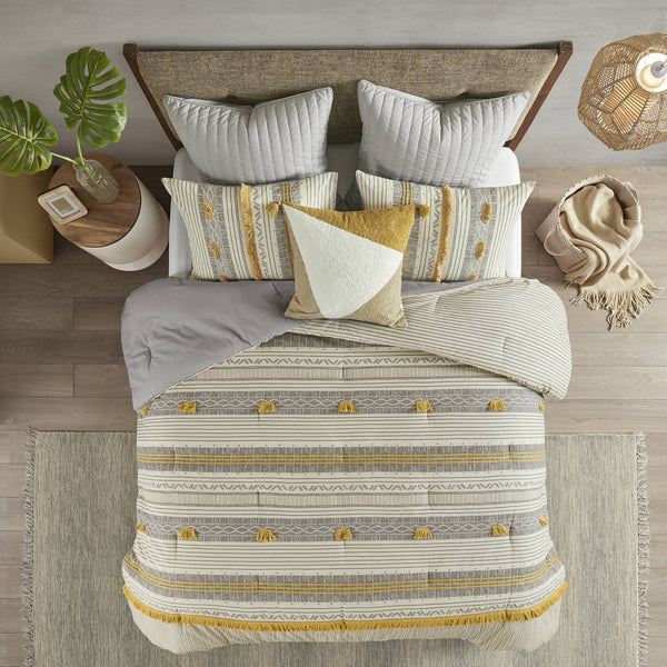 English Elm 3 INK+IVY Cody Cotton Comforter Set Full/Queen with Pom Pom Trim, OEKO-TEX Certified, Striped Style Gray+Yellow 21.65 L x 22.83 W x 10.63 H B035128786