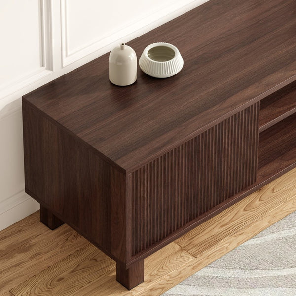 English Elm Modern Low Profile Media Console with Open Shelving and Concealed Cabinet Storage Walnut T3623P435419