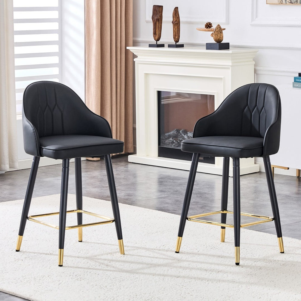English Elm Set of 2 Pu Leather Barstools with Gold Footrest Curved Back for Kitchen Island Black W1151P383770