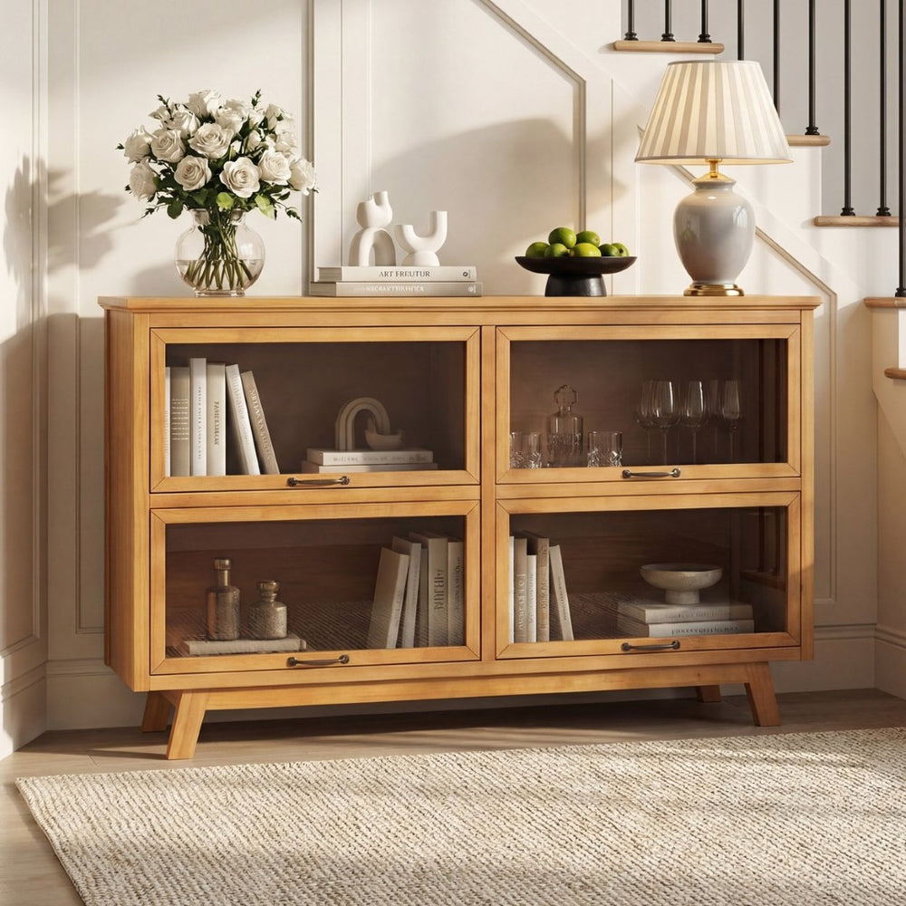 English Elm Modern Four Door Glass Front Display Cabinet Solid Wood Mid-century Living Room N758P412506N
