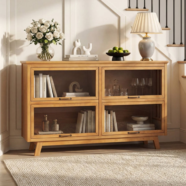 English Elm Modern Four Door Glass Front Display Cabinet Solid Wood Mid-century Living Room N758P412506N