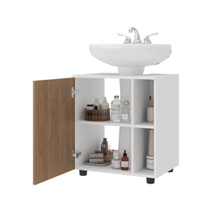English Elm White Under Sink Cabinet with Natural Oak Accents, 1-Door & 5 Open Shelves for Tidy Bathrooms B062P380060