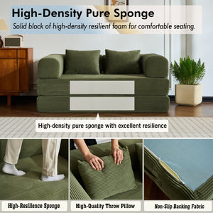 English Elm 59'' Corduroy Convertible Floor Sofa Sleeper with Bolster Pillow for Small Spaces Green W3434P406617