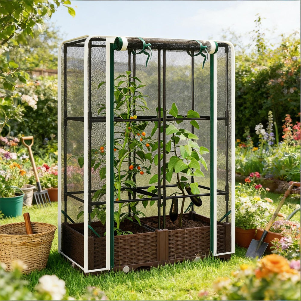 English Elm Crop Cage Raised Garden Bed with Trellis Mesh Enclosure and Built-in Water Reservoir T3971P454868